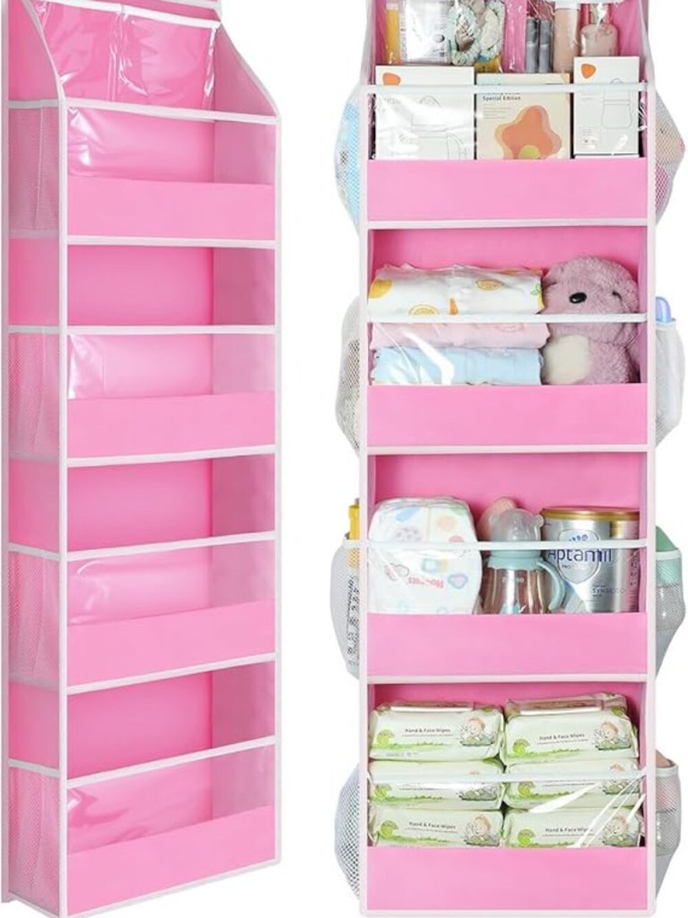 Yecaye 5 Tier Over Door Organizer with Clear PVC Pockets, Pink Storage Rack